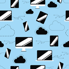Vector Black and Blue Computing and Technology Concept Seamless Pattern on White Background. Data cloud e commerce and computing endless texture design.