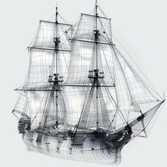 Historical sailing ship mesh wireframe, with focus on sails, masts, and deck layout