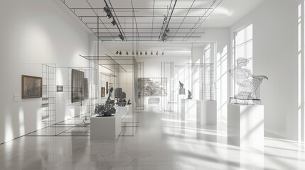 Interactive mesh wireframe of a modern art gallery, displaying various sculptures and installations