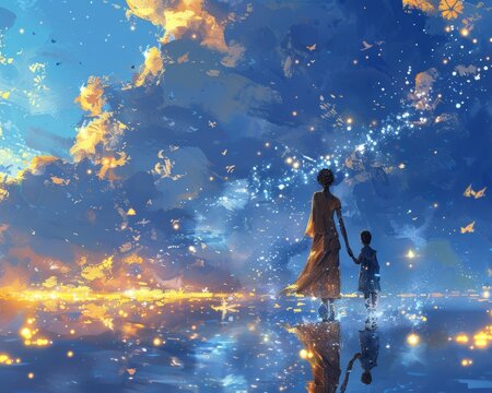 Fantasy art concept mother and child walking sparkles love 