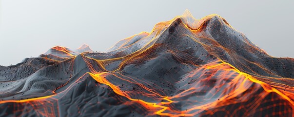 Interactive mesh wireframe of a volcanic mountain, showing internal chambers and lava flow paths - obrazy, fototapety, plakaty