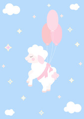 A little sheep flying on ballons against the backdrop of a starry sky. Vector child cartoon cute illustration. 