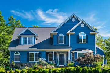 A bold blue house with siding, on a large, lush lot in a suburban area, features traditional windows and shutters against a backdrop of clear blue skies.