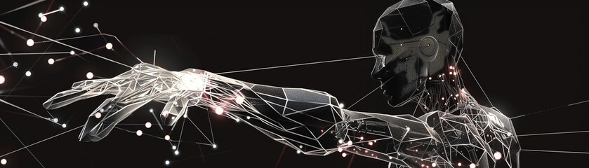 Obraz premium Interactive mesh wireframe of a humanoid robot, detailing articulation points and sensors