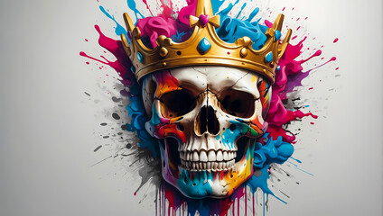 Colorful vivid graffiti illustration of a skull face with a crown on a clean white background