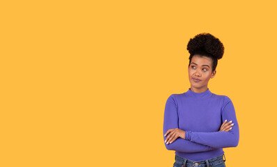 Woman With Arms Crossed Against Yellow Background, Copy Space