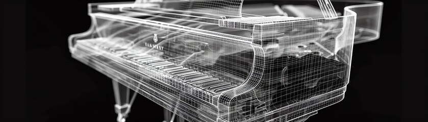 Intricate mesh wireframe of a grand piano, showing internal mechanics