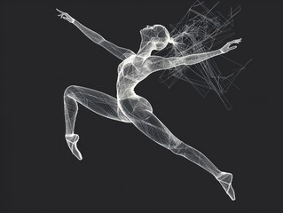 Mesh wireframe of a ballet dancer in mid-performance, capturing fluid motion