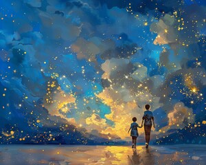 Obraz premium Fantasy art concept mother and child walking sparkles love 
