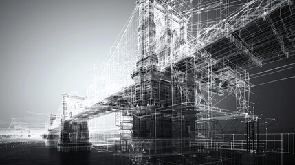 Mesh wireframe of a bridge under construction, showing phases and support structures