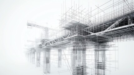 Mesh wireframe of a bridge under construction, showing phases and support structures