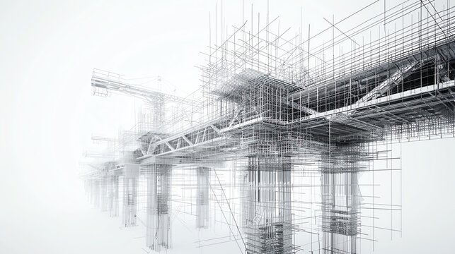 Mesh wireframe of a bridge under construction, showing phases and support structures