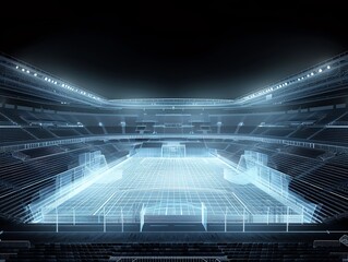 Mesh wireframe of a modern sports arena, emphasizing seating, lighting, and playing field