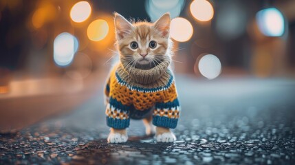 an orange kitten donning jeans and white sneakers, standing on a Japanese street at night, clad in...