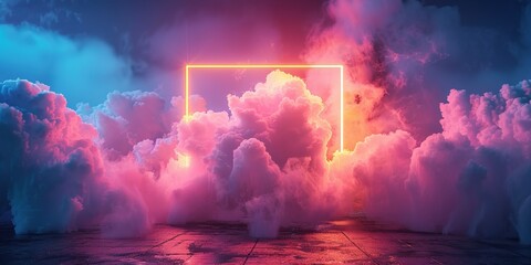 Pink and Yellow Neon Light with Cloud Formation. Square shaped Fluorescent Frame in Dark Environment.