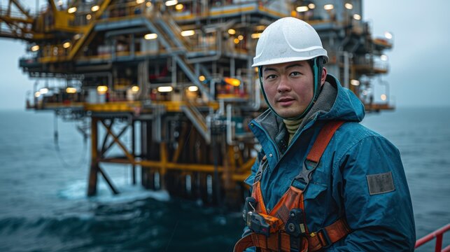Oil rig personnel in blue safety gear poses by the sea against an offshore platform