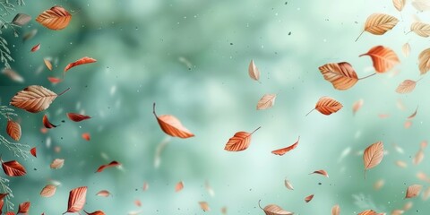 Grey Green Seasonal Background with Falling Autumn Leaves. Natural Banner with copy-space.