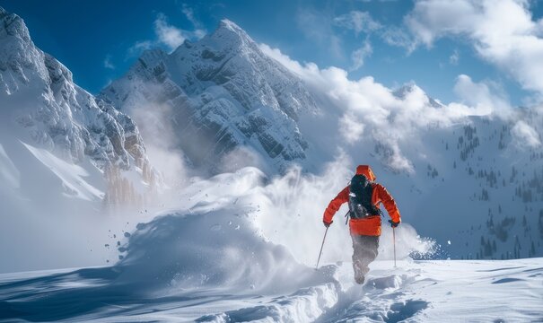 Man running through the deep snow on a mountain. Achenkirch, Tirol, Austria