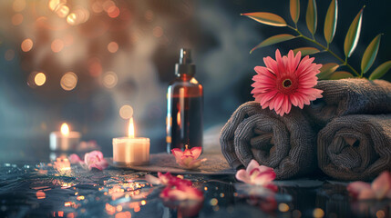 Spa still life with flowers, candles and towels on dark background. AI.