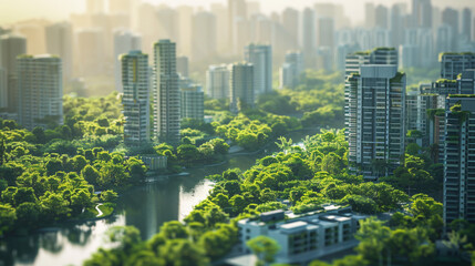 Obraz premium Cityscape with buildings and trees in the foreground. 3d rendering. AI.