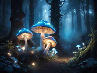 Mystical forest  at night   with whimsical glowing mushrooms and moon light in blue color