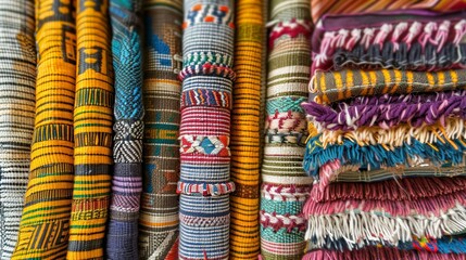 Textiles background: Handwoven or woven with unique patterns from Africa, Displaying Intricate Patterns.
