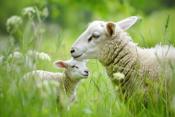 Sheep with her young lamb on green meadow