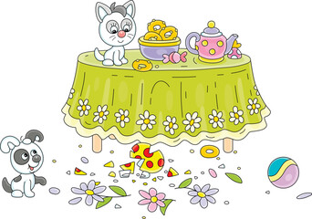 Frolicsome little kitten and puppy looking at fragments of a broken beautiful vase with flowers from a kitchen table after a merry game with a toy ball, vector cartoon illustration on white