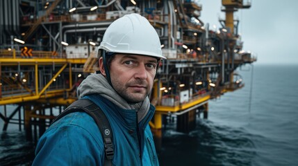 An adult worker in blue oil rig attire stands with a rig structure in the background