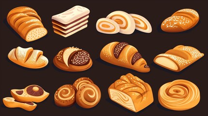 Various Freshly Baked Bread and Pastry Assortment on a Dark Background