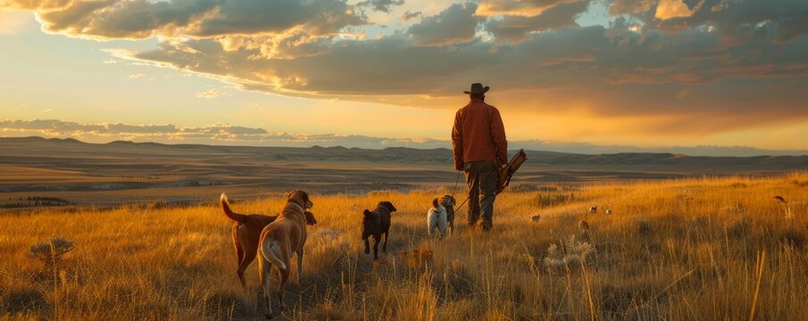 Man upland bird hunting with his dogs in the plains of northeastern Montana.