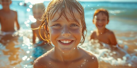Happy Child with Friends on Beach.