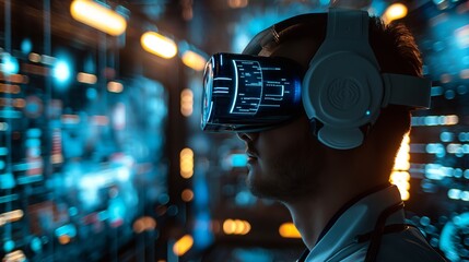 Man Experiencing Virtual Reality Within a High-Tech Environment