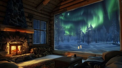 A cozy log cabin with a roaring fireplace and panoramic windows offering front-row seats to the dancing northern lights outside.