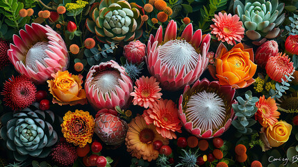 A vibrant display of bouquets featuring exotic protea flowers and tropical foliage - obrazy, fototapety, plakaty