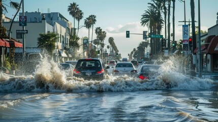 high winds and waves battering the streets of a tiered coastal city, with cars navigating through puddles while palm trees sway in the gusts, all under an overcast sky with rain pouring down.
