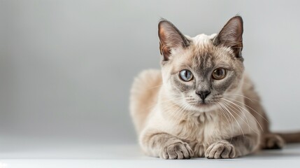 Sleek Tonkinese Cat Posing on Plain Background, Perfect for Text Addition