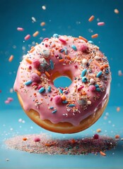 Donut with sprinkles on turquoise background