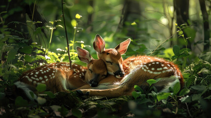 Furry fawns rest in a sun-dappled glen, surrounded by verdant foliage