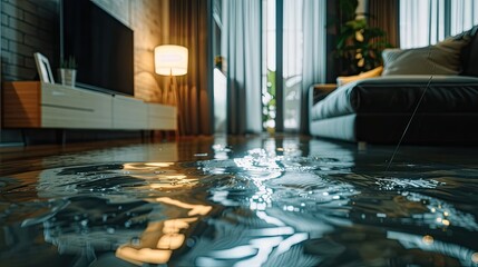 a modern living room, featuring a wet and gleaming concrete floor displaying signs of water damage, with visible footprints marking the polished surface, puddles surrounding furniture.