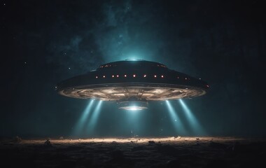 A UFO hovers over a dark forest at midnight, creating an eerie event in the sky