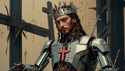 jesus christ the messiah style modern version cyberpunk robot with neon lights