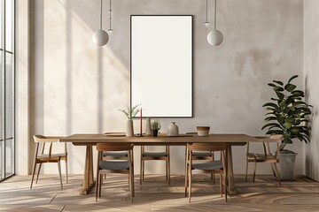 modern dining room with blank poster on the wall in black frame, neutral colors, minimalist