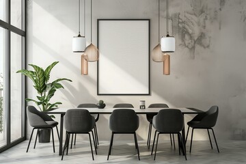 modern dining room with blank poster on the wall in black frame, neutral colors, minimalist