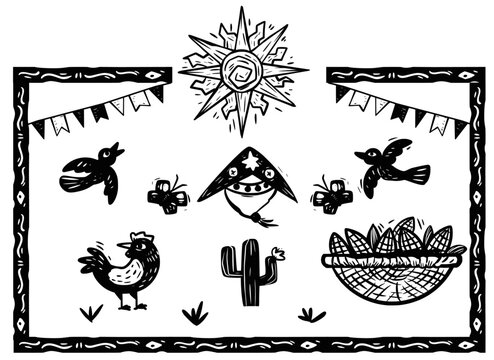 June festival elements. Animals, flags, corn and butterfly.