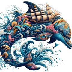 A Dolphin intricately designed with a myriad of patterns and motifs.
