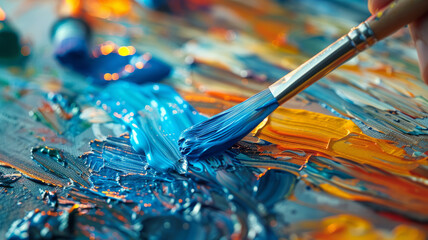 Fototapeta premium Close-up of a paintbrush on a colorful canvas