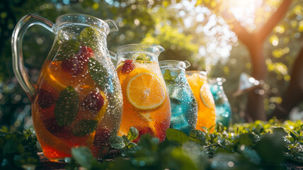 Pitchers of colorful drinks in sunlight