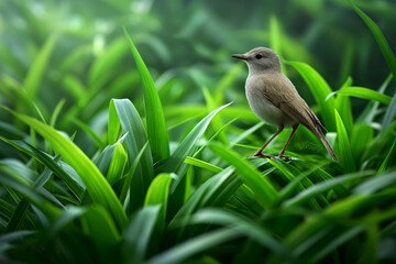 Obraz premium robin on the grass, Embrace the tranquility of nature with this serene scene featuring a bird perched gracefully on a bed of lush green grass