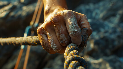 A muddy hand gripping a rope.